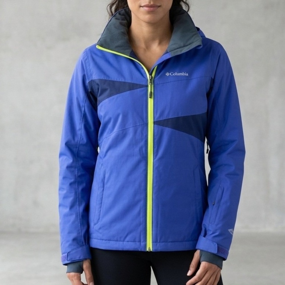 Columbia‎ Omni-Heat Blue Colorblock Hooded Ski Jacket Women Sz M Neon Yellow Zip